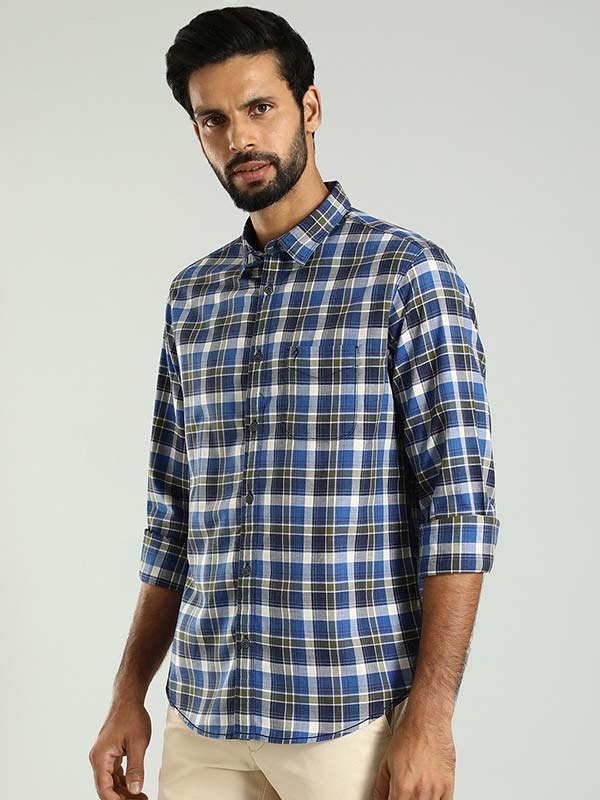 Indian Terrain Men's Regular Fit Full Sleeve Checkered Blue Shirt